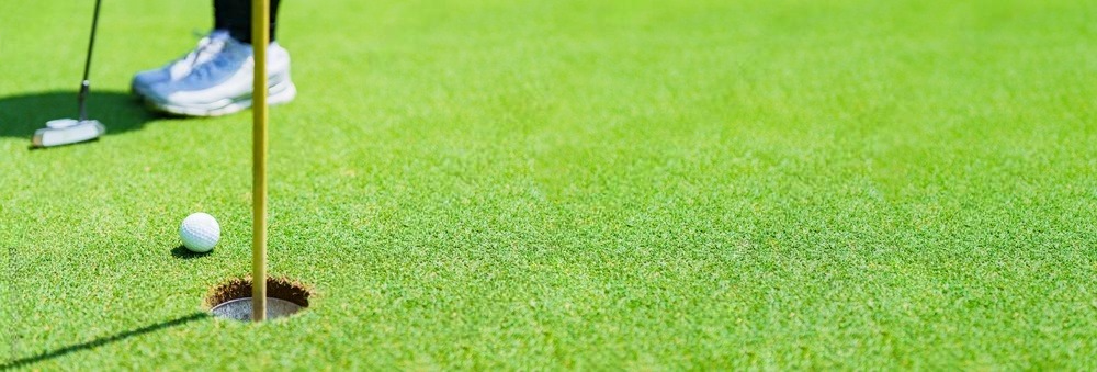 a golf ball in front of hole and flag