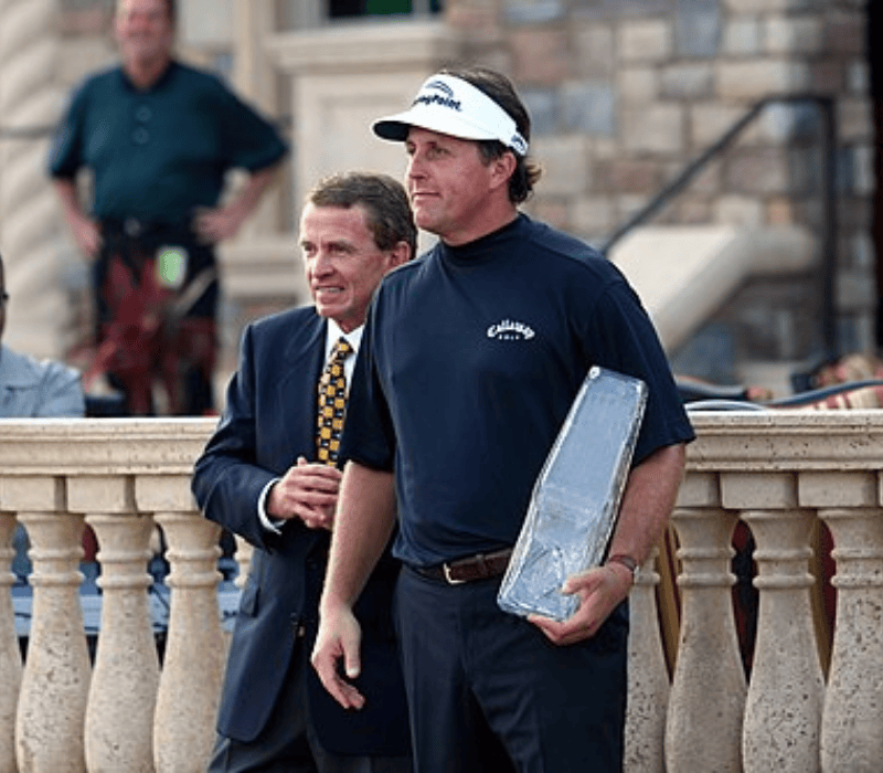 Mickelson celebrates with Commissioner Tim Finchem after his 2007 Players Championship win.